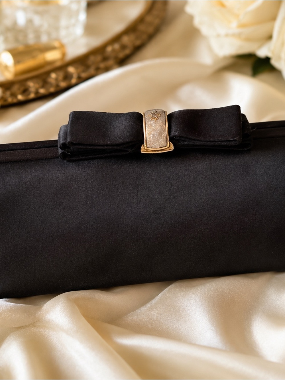 Black Satin Bow Clutch Vintage Evening Bag Formal Cocktail Wedding Purse